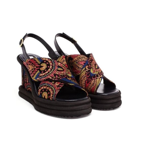 DRIES VAN NOTEN Tapestry Floral Jacquard Strappy Wedge Heel Sandals Size 36.5 - Picture 1 of 8